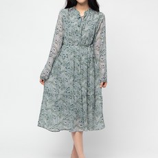 CARET 女款碎花雪紡洋裝, 繫帶, 襯衫領, 長版, Free Size, 淺藍色碎花款