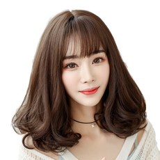 하이유니 롤 펌 중단발 헤어 단발 통가발 가발 38cm + 가발망 + 거치대 세트, 다크브라운, 1세트 - 단발가발