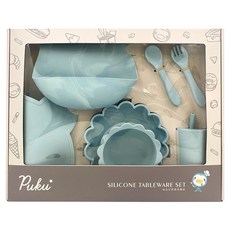 PUKU 藍色企鵝 蒔蘿鉑金矽膠餐具禮盒組 7件入, 不含雙酚A 安全無毒, 嚴選矽膠材質 無毒無味, 材質彈性佳 耐摔不變形, 圍兜, 叉子, 湯匙, 吸管杯, 餐墊, 吸盤餐盤, 吸盤碗, 茉莉藍, 1組