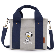 Kiiwi O 史努比 多隔層厚磅帆布兩用托特包 - 350克帆布, 提把10cm, 肩帶75-130cm, 長24寬13高19cm, 24 x 13 x 19cm, 灰藍色