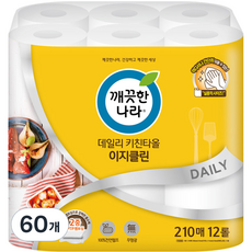 깨끗한나라 데일리 이지클린 천연펄프 키친타올, 210매, 60개