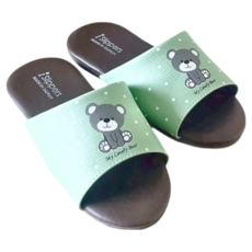 i Slippers 兒童室內鞋 皮質室內拖鞋 療癒小熊, 21, 綠色