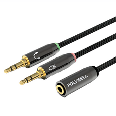 POLYWELL 寶利威爾 3.5mm 1母 四極 轉2公 三極 音源轉接線, 25cm, 1條