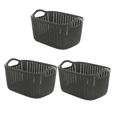 仿藤編收納/洗衣籃 Set 3個, 高品質PP材質, 加高底部設計, 仿藤編鏤空設計, 中號 24 x 17 x 16cm, 黑色