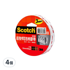 3M Scotch 超強悍VHB膠帶, 12mm x 2yd, 抗UV, 防水, 耐高溫, 4個