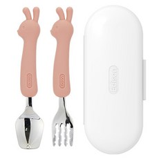 Edison 愛迪生 兔子款矽膠柄兒童餐具組, 粉色, 叉子*1+湯匙*1+收納盒*1, 1組