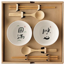 Mao's 樂陶陶 雙碗湯筷禮盒組 600g, 小碗、瓷碗、筷子、湯匙, 日日祝福 圓滿順心, 1組