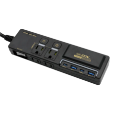 POLYWELL 寶利威爾 65W GaN 氮化鎵 USB閃充電源延長線 3孔 + 2孔, 黑色, 1條