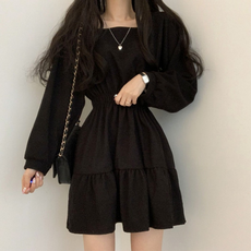 Xiao Xiao 韓系甜美減齡收腰洋裝，黑色，棉+聚酯纖維, 肩寬33cm + 胸寬43cm + 彈性腰寬30~50cm + 全長85cm + 袖長63cm, 黑