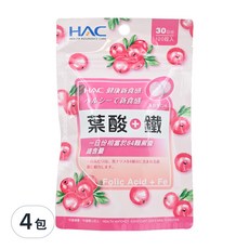 永信藥品 HAC 葉酸 + 鐵口含錠, 蔓越莓口味, 30日份 120錠入, 500mg, 120顆, 4包