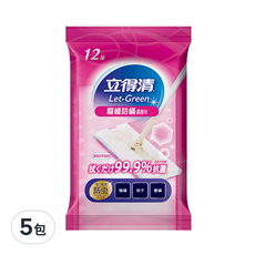 Let-Green 立得清 驅蟻防蟎濕拖巾 12抽, 快速驅蟲, 抗菌99.9%, 無添加, 粉色, 5包
