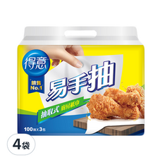 得意 抽取式廚房紙巾 易手抽 100抽x3包, 3包, 4袋