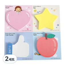 슈퍼쌤 모양 4종 점착메모지, 핑크하트 + 형광별 + 좋아요엄지척 + 사과, 2세트