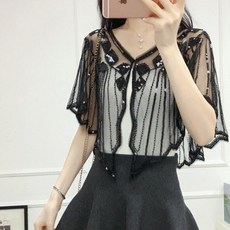 immong 女款蜜蜂亮片透視斗篷短上衣開襟衫