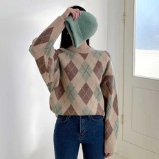 플랜데이 여성용 아가일 텍스쳐 긴팔 라운드 니트