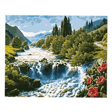 케이엠엘리 일체형 캔버스 액자 3D 원형 보석십자수 키트 50 x 40 cm, 시원한 계곡, 1세트