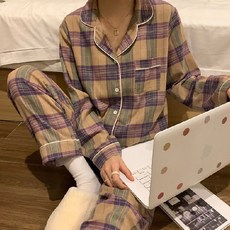 미라클세일 여성용 봄가을 체크 패턴 잠옷 세트
