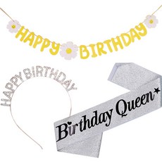 조이파티 데이지 생일 가랜드 + 메탈릭 생일 머리띠 + 글리터 생일 어깨띠 Birthday Queen 세트, 옐로우(가랜드), 로즈골드(머리띠), 실버(어깨띠), 1세트