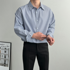 로댄티 남성용 오버핏 스트라이프 데일리 카라 기본 긴팔 셔츠 남방