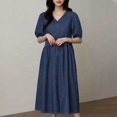 피핀 여성용 V넥 퍼프 데님 원피스 #38656