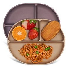마더케이 실리콘 이유식 3구 흡착식판 2종 세트, 베이지, 퍼플, 1세트