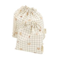 semoms 格紋熊印花束口袋 Set 2入, L(26 x 22.5 x 8cm) + S(16 x 19.5cm), 象牙白