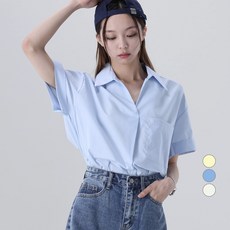 어썸어라운드 여성용 원포켓 오픈 카라 롤업 반팔 셔츠