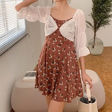 여성용 미드나잇 코코 시스루 + 플라워 비치 원피스 세트 B235WF02158, 화이트(시스루), 커피(원피스)