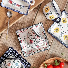 Maison Objet Praca 方形咖啡杯碟4人8件組, 1組, 鳶尾花/阿德莉亞/黃色三色堇/玫瑰藤