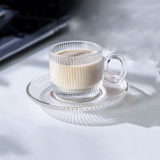 프렌치마르스 세로라인 유리 머그잔 90ml + 받침대 세트 소 CM101, 투명, 1세트