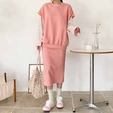 아모르데이 여성용 클라우드윈드 쭈리 면 베스트 + 밴딩 스커트 상하의 세트