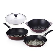 Kitchen-Art 平底鍋具4件組, 酒紅色+透明鍋蓋, 平底鍋 28cm+深型平底鍋 28cm+大炒鍋 28cm+玻璃鍋蓋 28cm, 1組