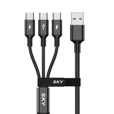 SKY 비트 3in1 USB to C타입 고강도 패브릭 멀티 고속 충전 메탈 케이블 27W, 120cm, 블랙, 1개