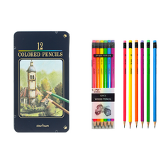 문화연필 색연필 틴 케이스 12색 + 투코비 코마 삼각 지우개 연필 TC-208 B 12p 세트, 혼합색상, 1세트