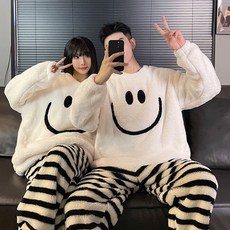 세컨핑크 커플용 스마일 단가라 극세사 수면잠옷 상하의 세트 4015