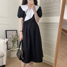 여성용 블랙101 메한 배색 프릴넥 롱 원피스 B234WF00034