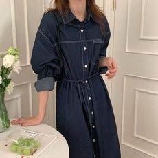 앤드스타일 여성용 스티치 데님 셔츠 롱 원피스 262256