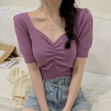 구디프 여성용 소녀감성 하트넥 셔링 골지 크롭 반팔 스웨터