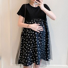 블랙 반소매 패턴 레이스 미니 임산부 원피스