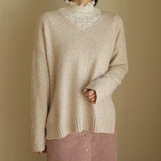 빼빼 여성용 브이넥 박시핏 사이드 트임 니트 티셔츠