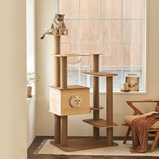 삼익가구 그라운캣 고양이 6단 하우스 원목 캣타워 풀세트 스크래쳐 기둥 + 카펫 + 투명 해먹 + 하우스 + 전망대, 브라운, 1세트