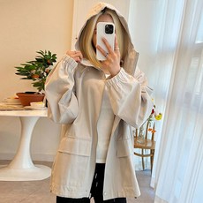 끌레느모네 여성용 고프코어 코튼 밑단 스트링 후드 바람막이 자켓