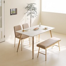 퍼리든 로이 세라믹 사각 4인용 식탁 1400 방문설치, 화이트 마블(상판) + 골드(프레임)