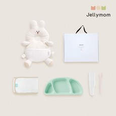 젤리맘 신생아 출산선물 아기머리보호대 + 실리콘 아기식판 + 이유식스푼 + 오가닉 스트랩 세트, 토끼 크림(보호대), 민트(식판), 베이비핑크(스푼), 1세트