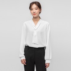 CARET 女款領帶V領襯衫，長袖上衣 - 象牙色/藍色, Free Size, 象牙白色