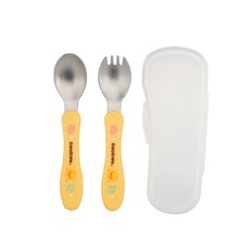 PiYOPiYO 黃色小鴨 不鏽鋼匙叉組 Set, 易於插取、舀取食物, 304不鏽鋼材質, 附保潔盒 方便攜帶, 叉子1支 + 湯匙1支 + 收納盒1個, 黃色, 1組