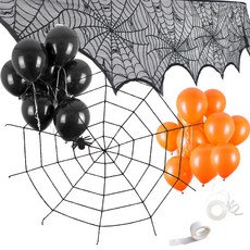 파티쇼 할로윈 장식천 대형 + 뉴 굵은 거미줄 세트, 블랙(거미줄), 오렌지, 블랙(풍선), 1세트