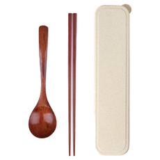 LifeShopping 日式麥稈盒裝餐具組 Set, 木質湯匙筷子套裝, 1組, 圓勺 + 筷子, 深色