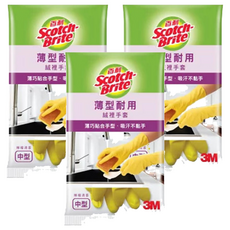 3M Scotch-Brite 百利 檸檬清香 薄型耐用絨裡手套, 黃色, 中, 3包