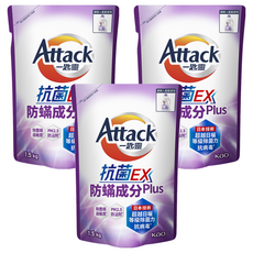 Attack 一匙靈 台灣公司貨 抗菌EX洗衣精 抗菌EX防螨Plus 補充包, 1.5kg, 3包